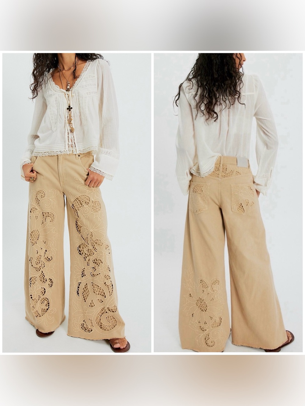 NWT Free People We The Free Cut To The Chase Flare Jeans Antique Lace Cream - 24